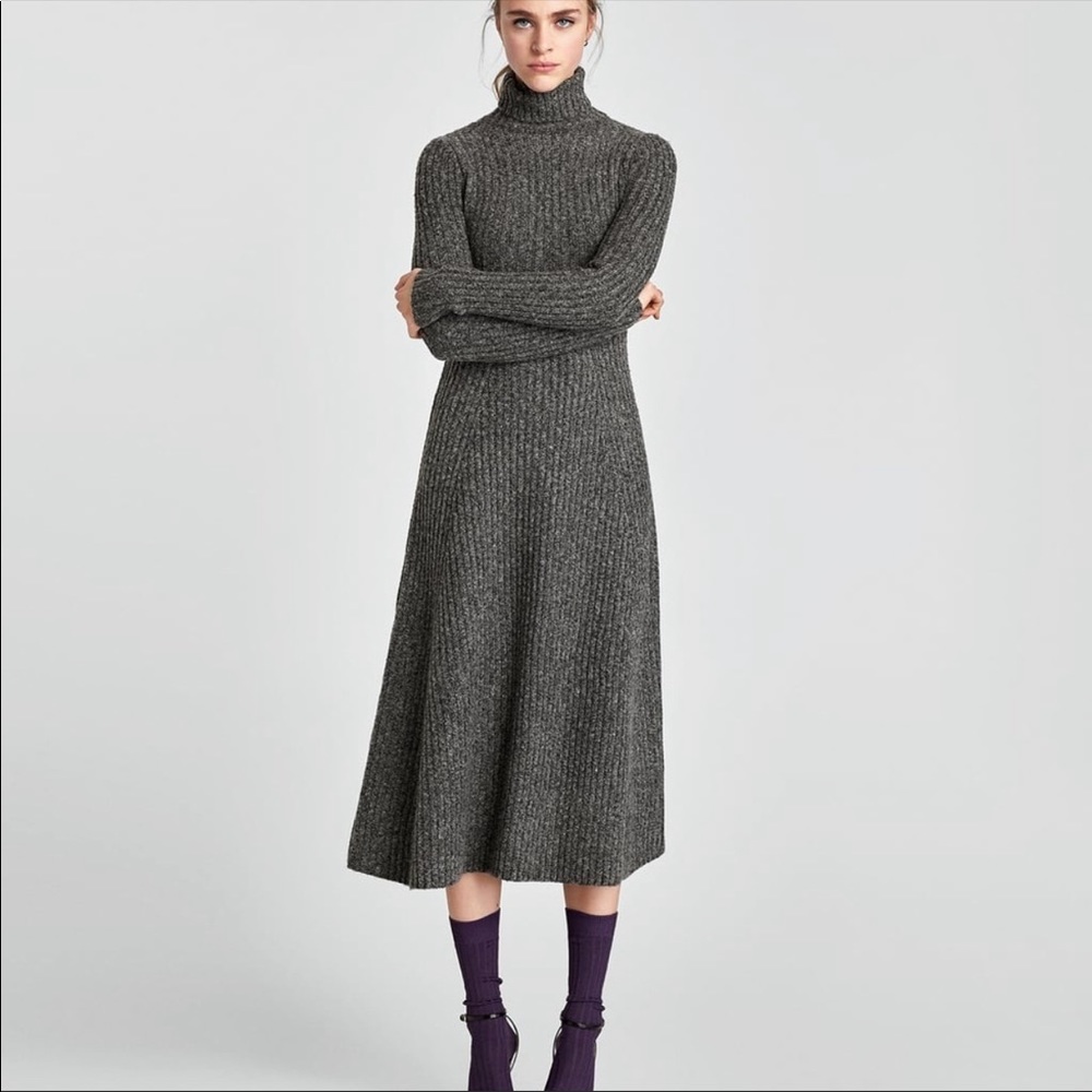 Zara A-Line Ribbed High-Neck Sweater Dress